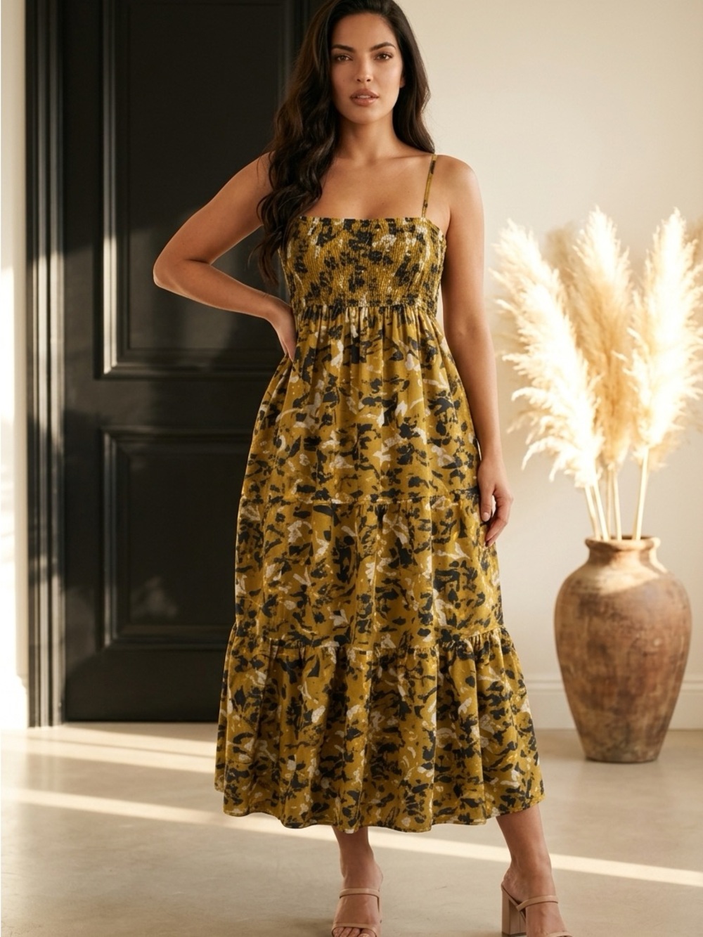 #84 Nine West Mustard Floral Smocked Midi Dress